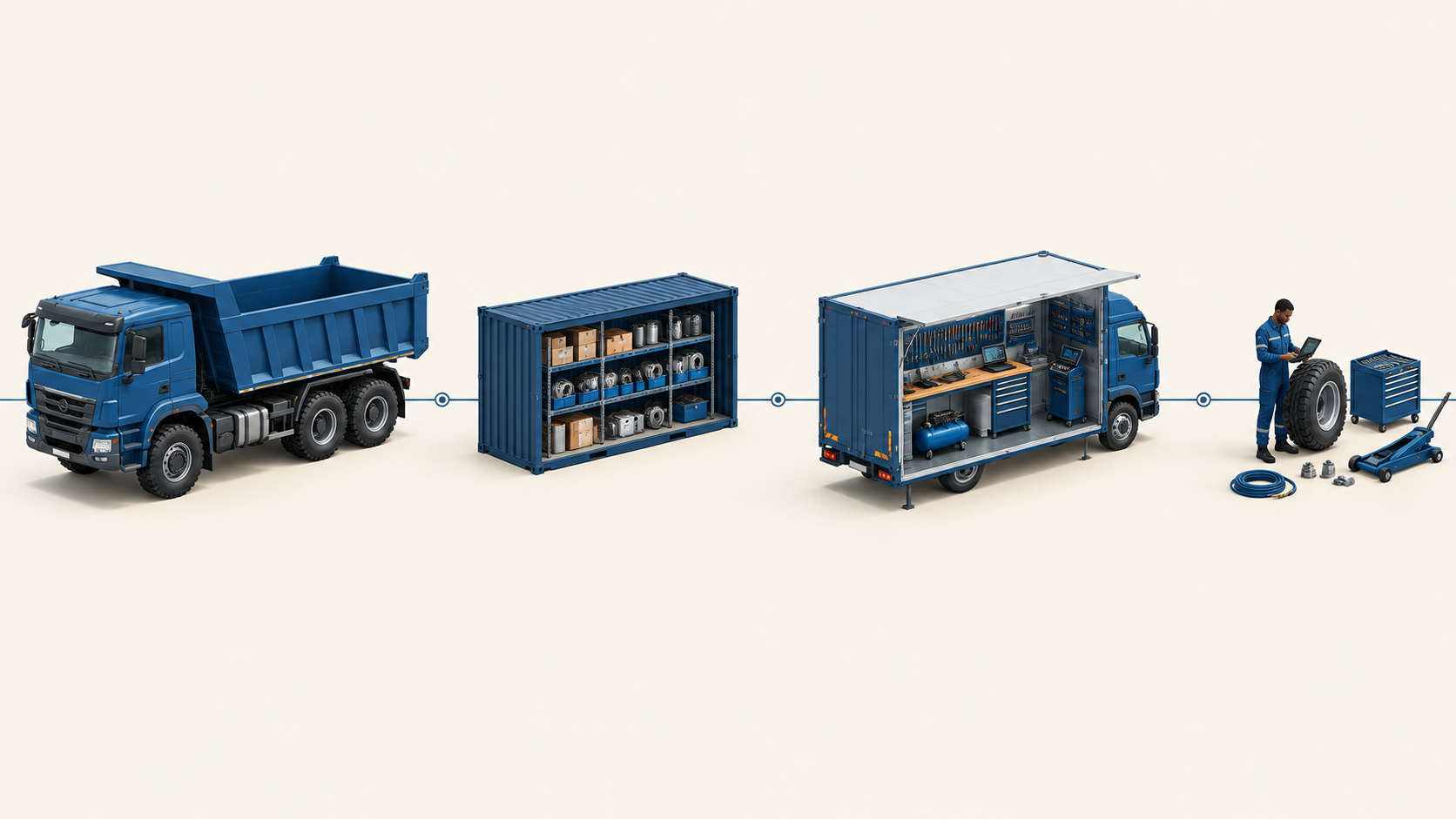 Fleet readiness package: KAMAZ truck, spare-parts container, mobile workshop and service engineer
